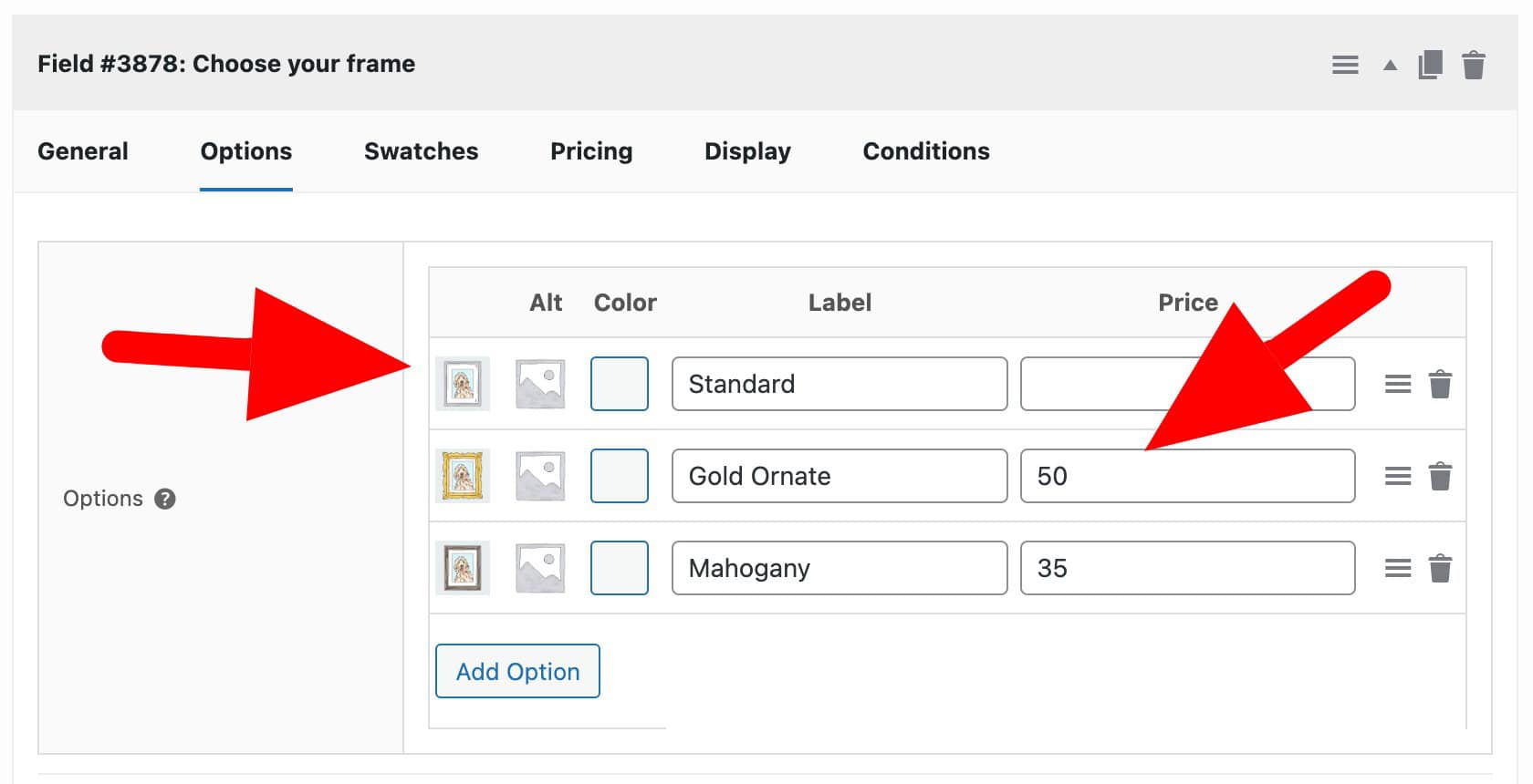 Custom frame field settings