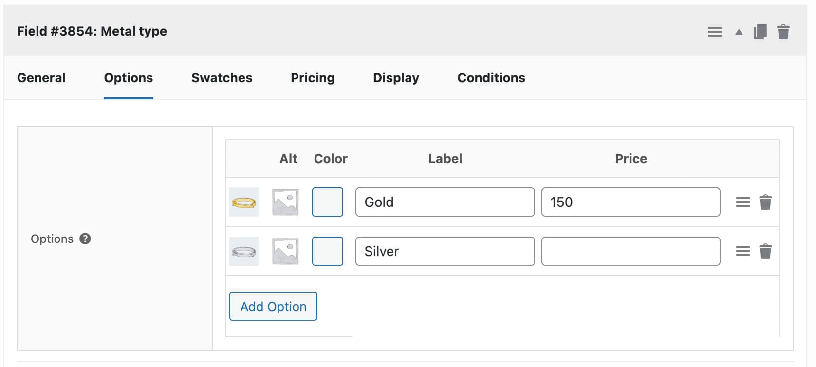 Settings for metal type custom field