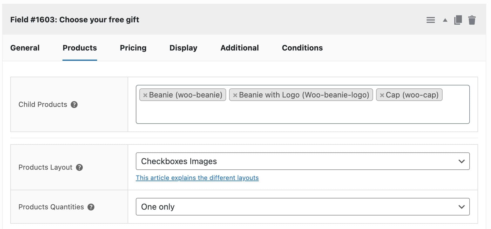 Add-on fields setting for free products