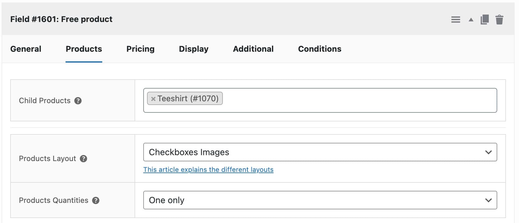 Free add-on product settings