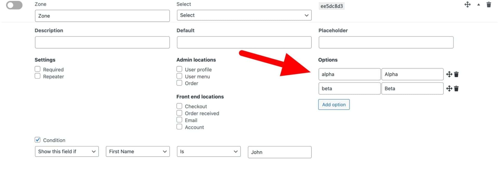 Registration field options