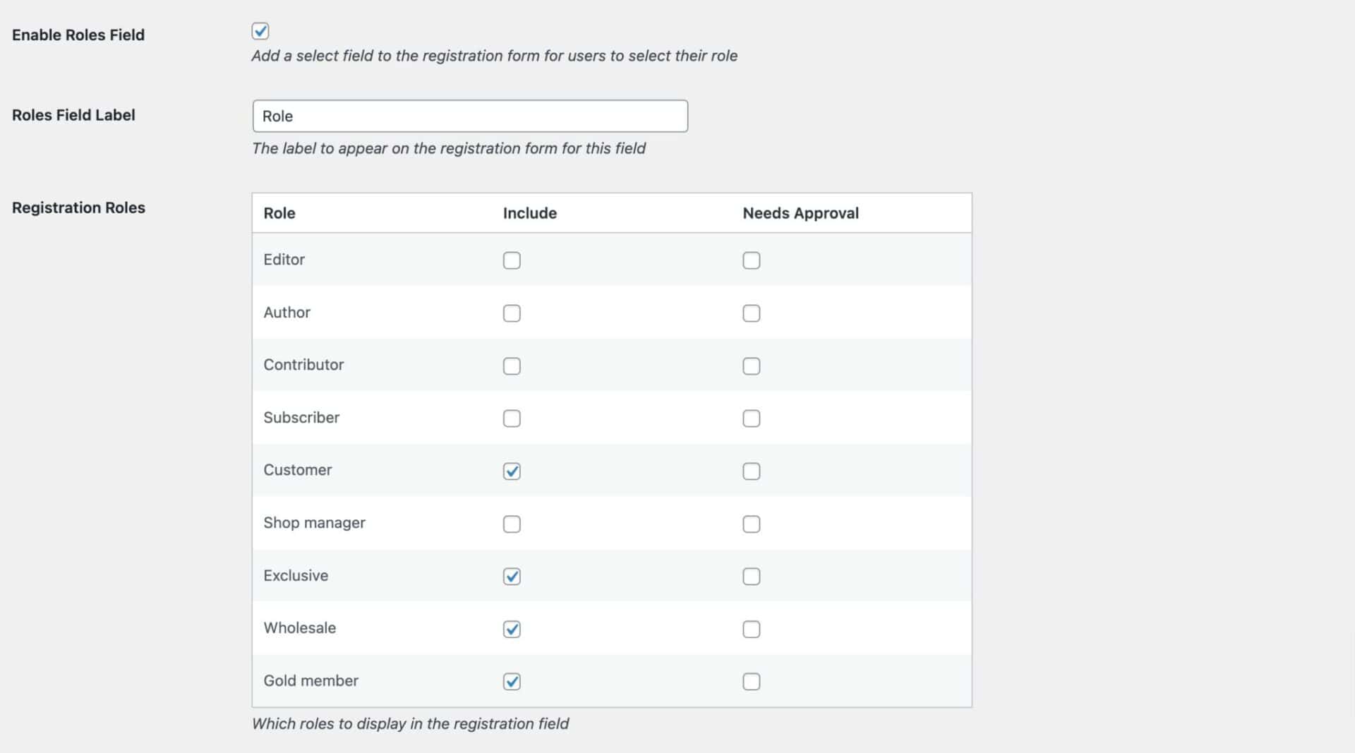 Roles field setting for registration form