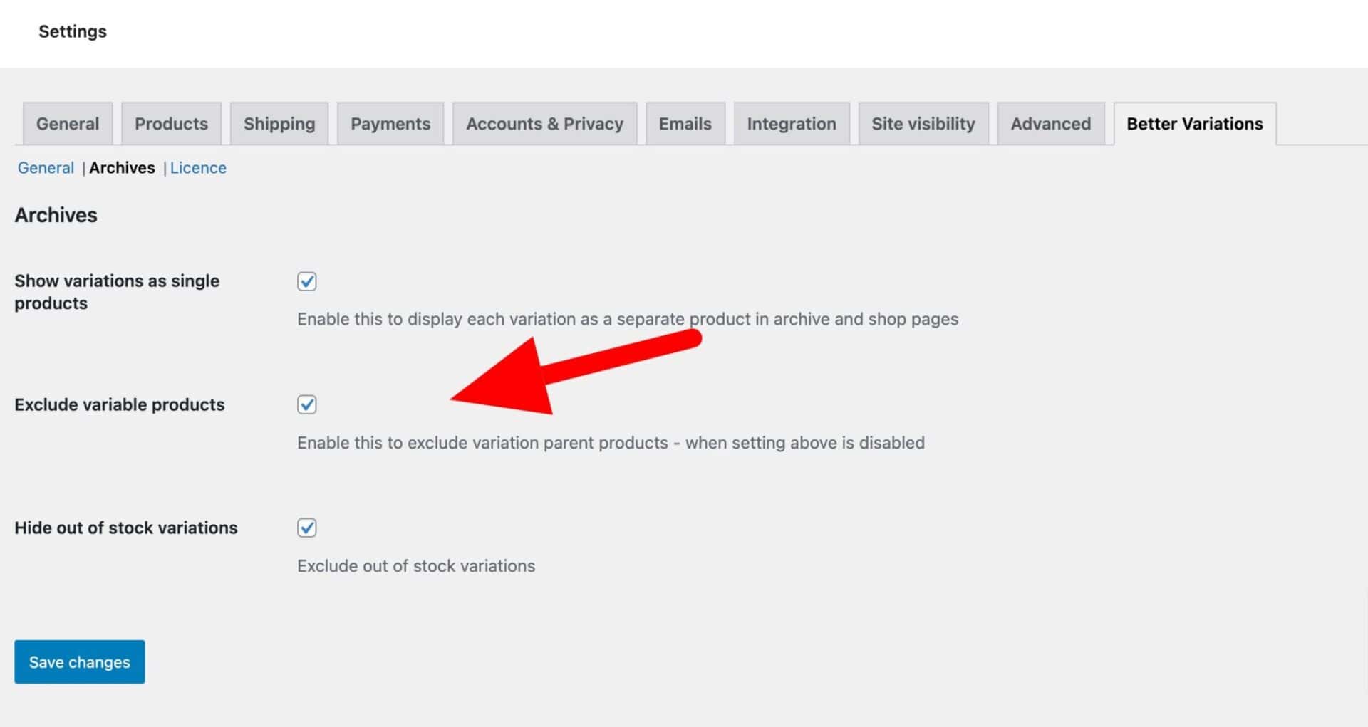 Setting to exclude variable products from archive pages