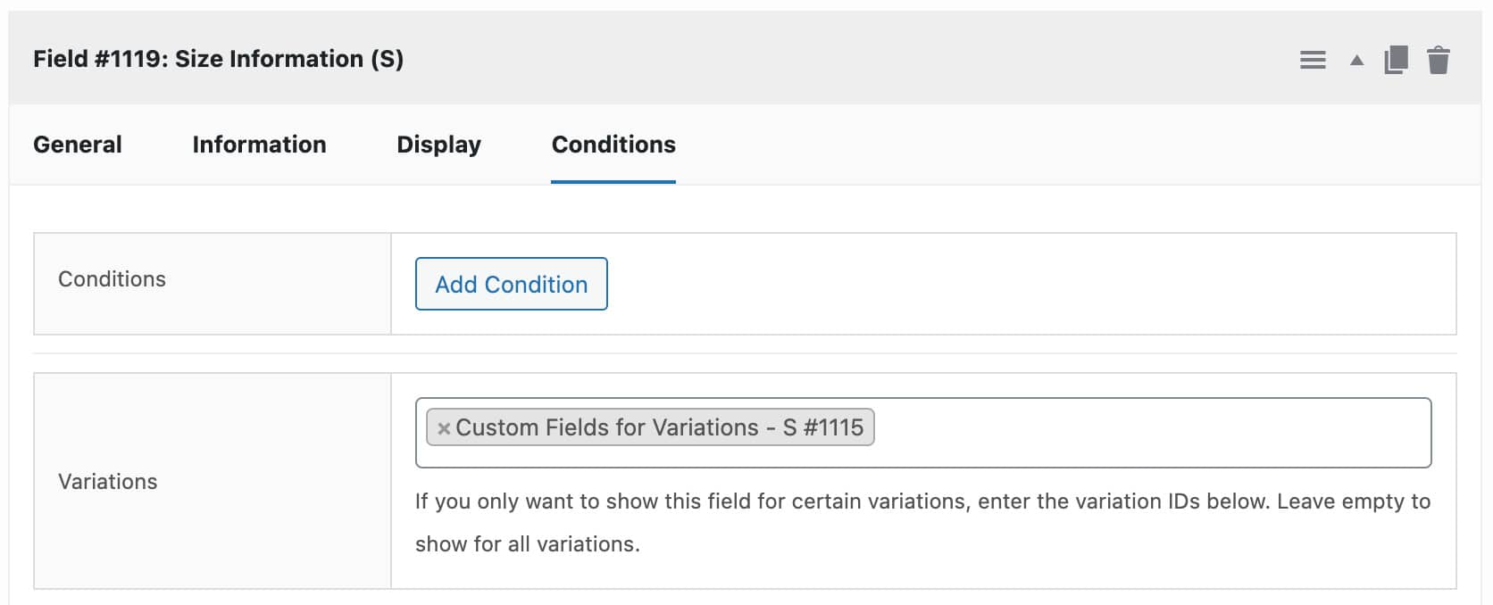 Variation specific custom fields
