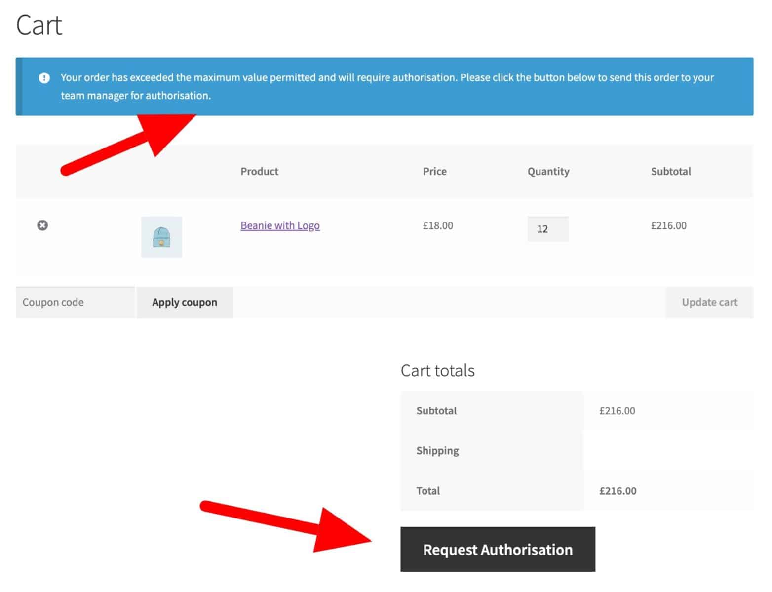 Request authorization in cart