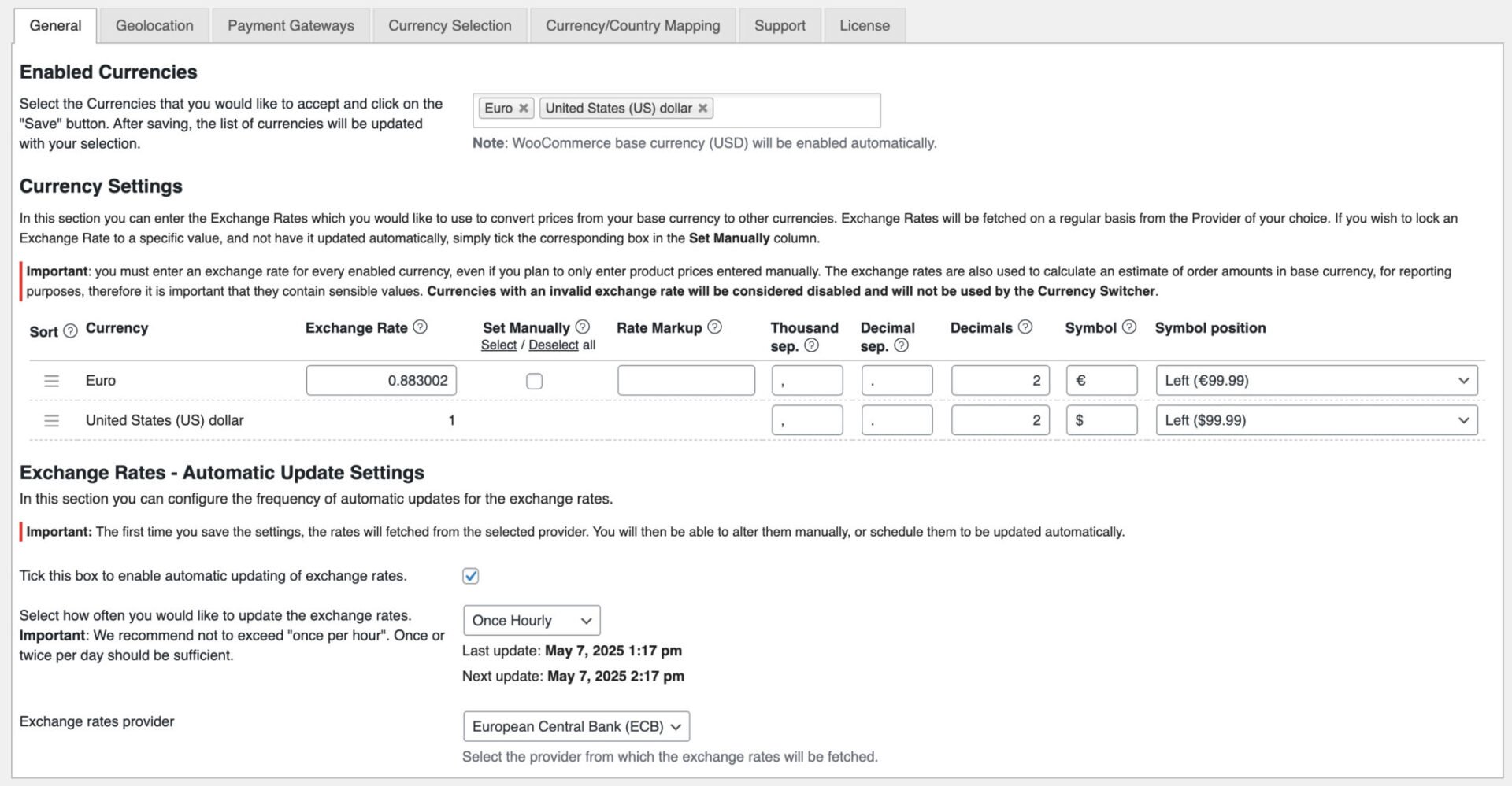 Settings for Aelia Currency Switcher