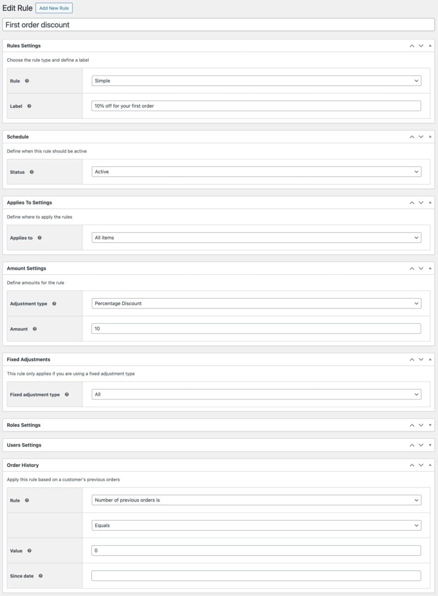 WooCommerce first order discount settings