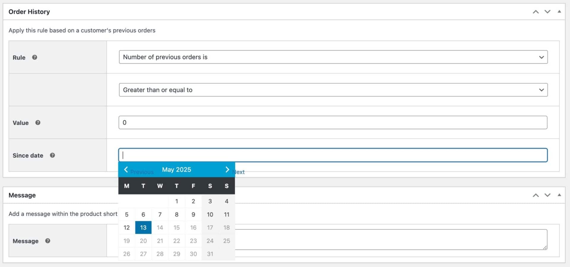 Order history since date field