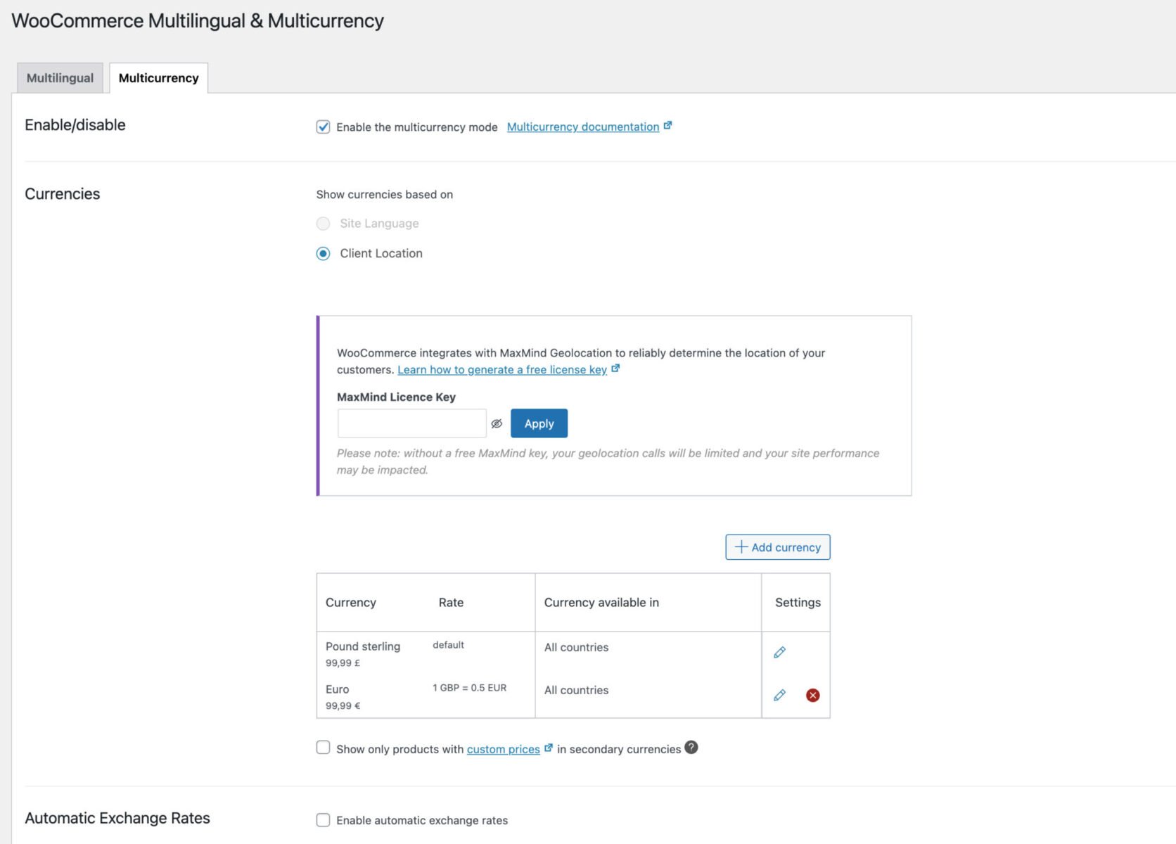 WooCommerce Multilingual and Multicurrency settings