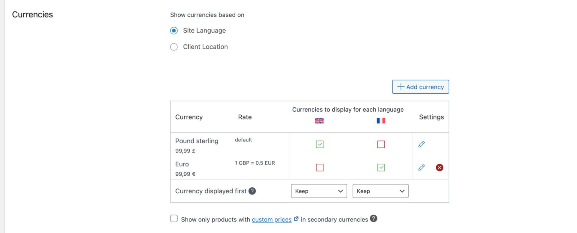 Settings page for WooCommerce Multilingual and Multicurrency with WPML activated
