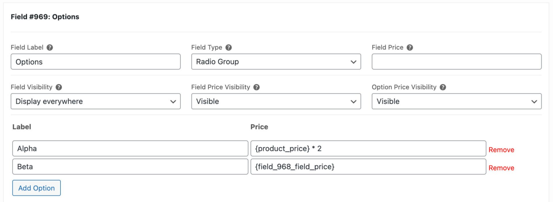 Add-on field options price formula