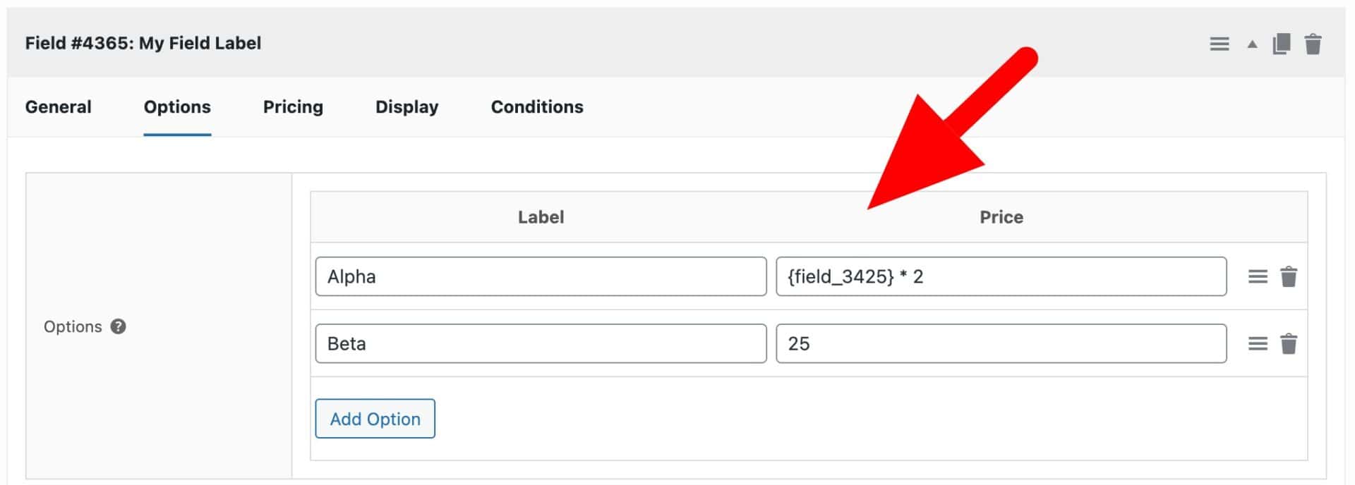 Formula in option price setting