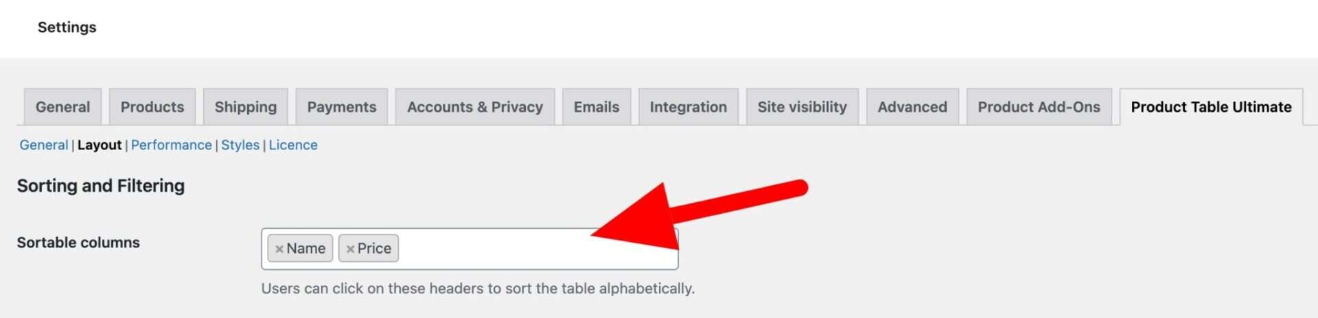 Sortable product column settings