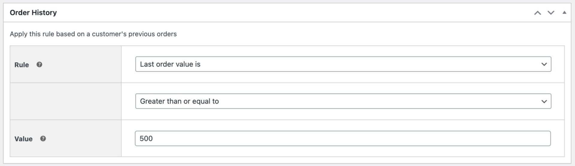 Settings for discount based on user's last order value