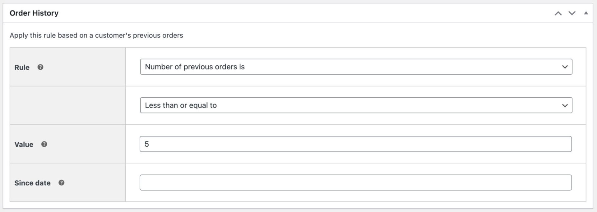 WooCommerce order history rules setting