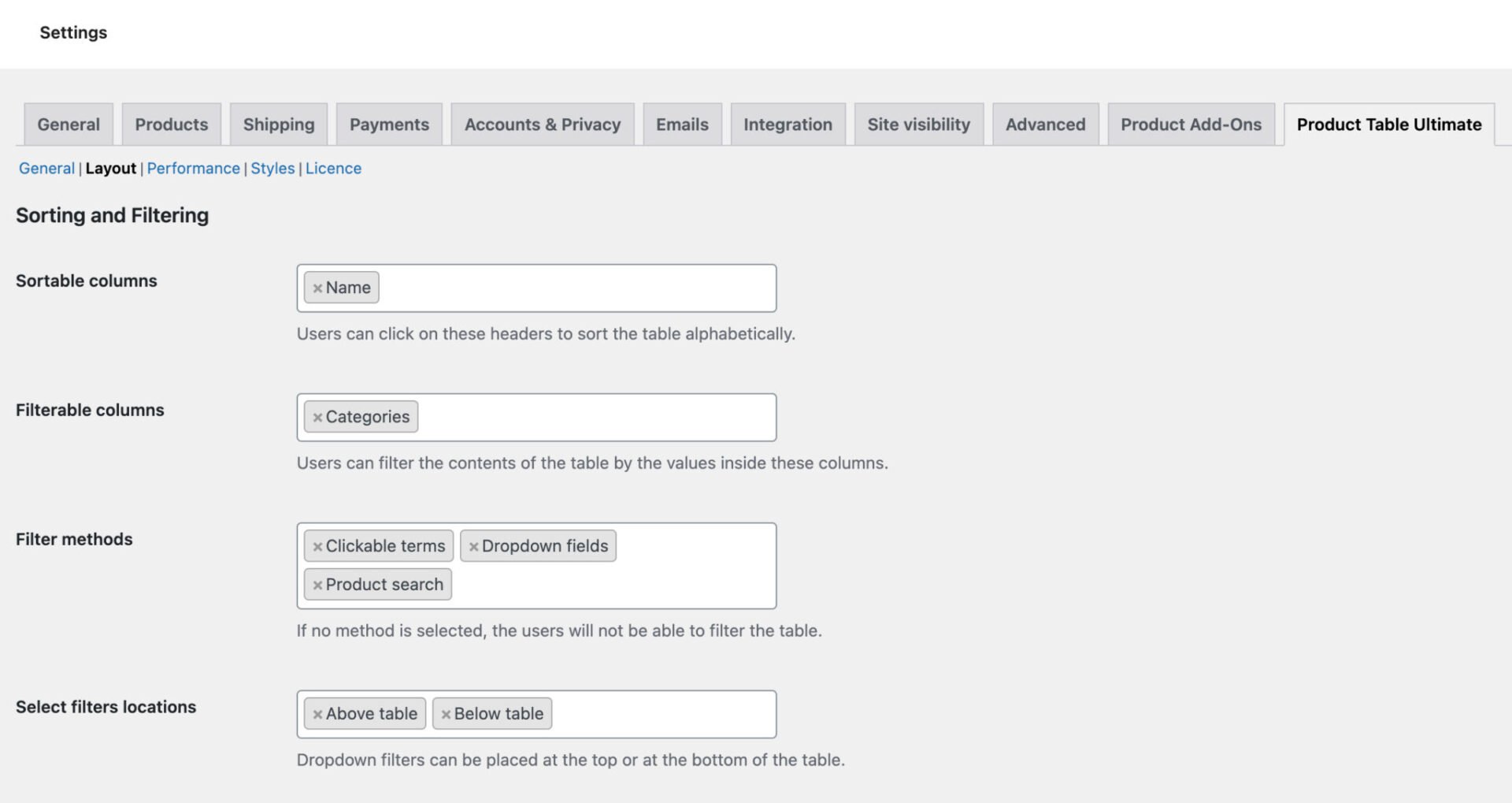 Setting for filtering and searching order forms