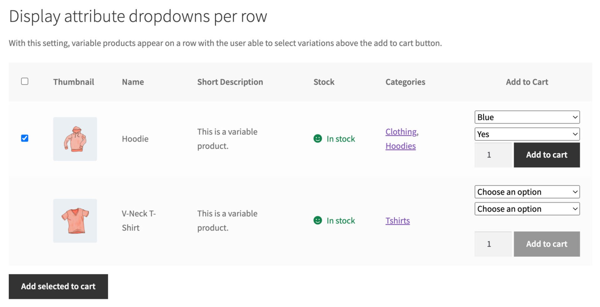 Display attribute select fields on same row