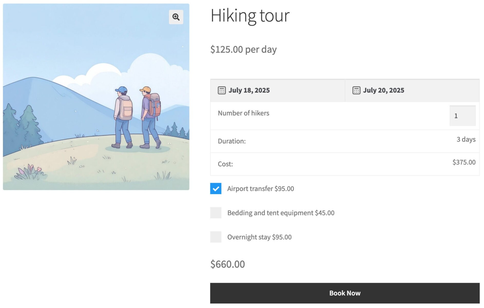 WooCommerce hiking tour product