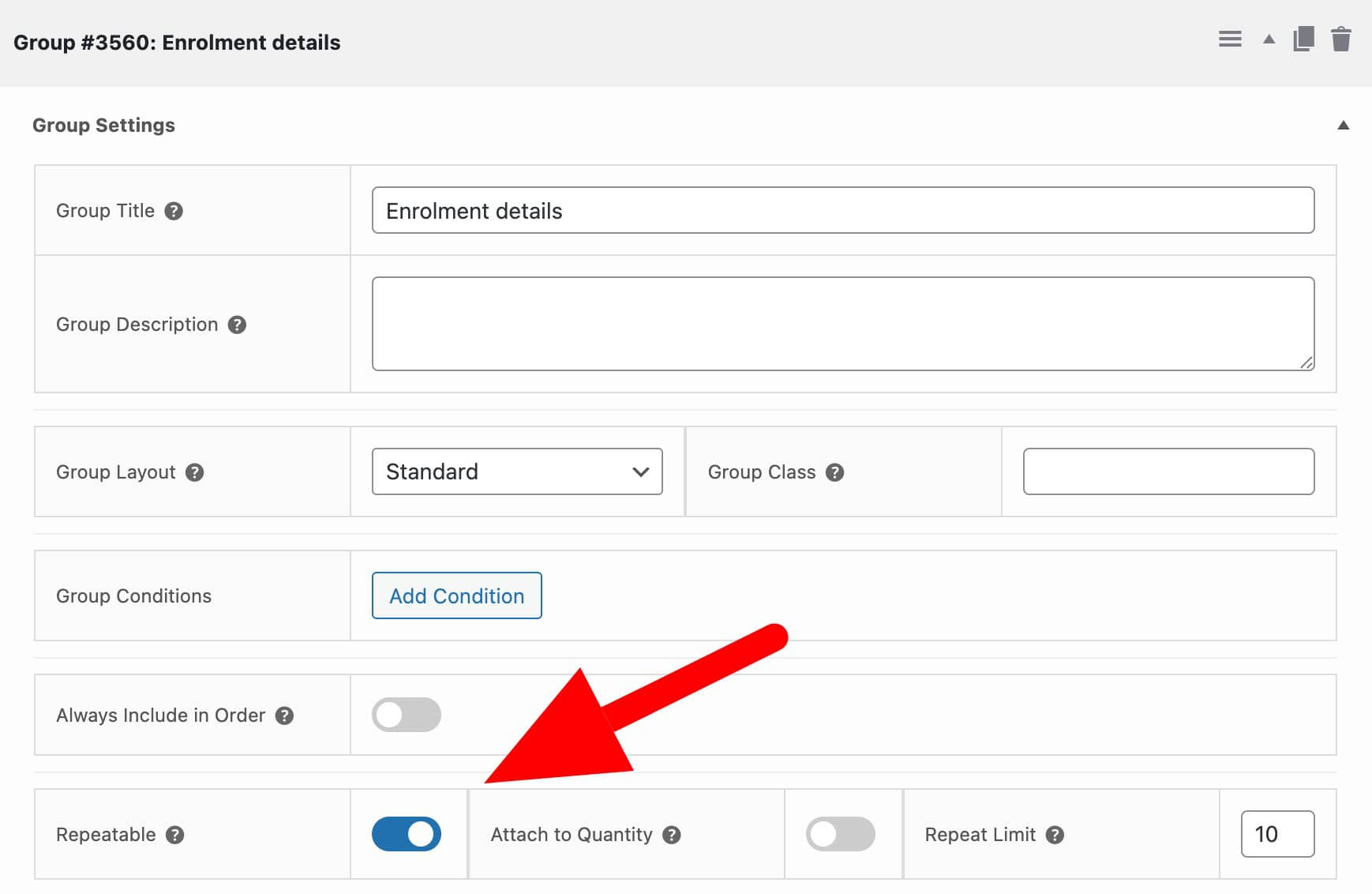 Repeatable setting for enrolment fields
