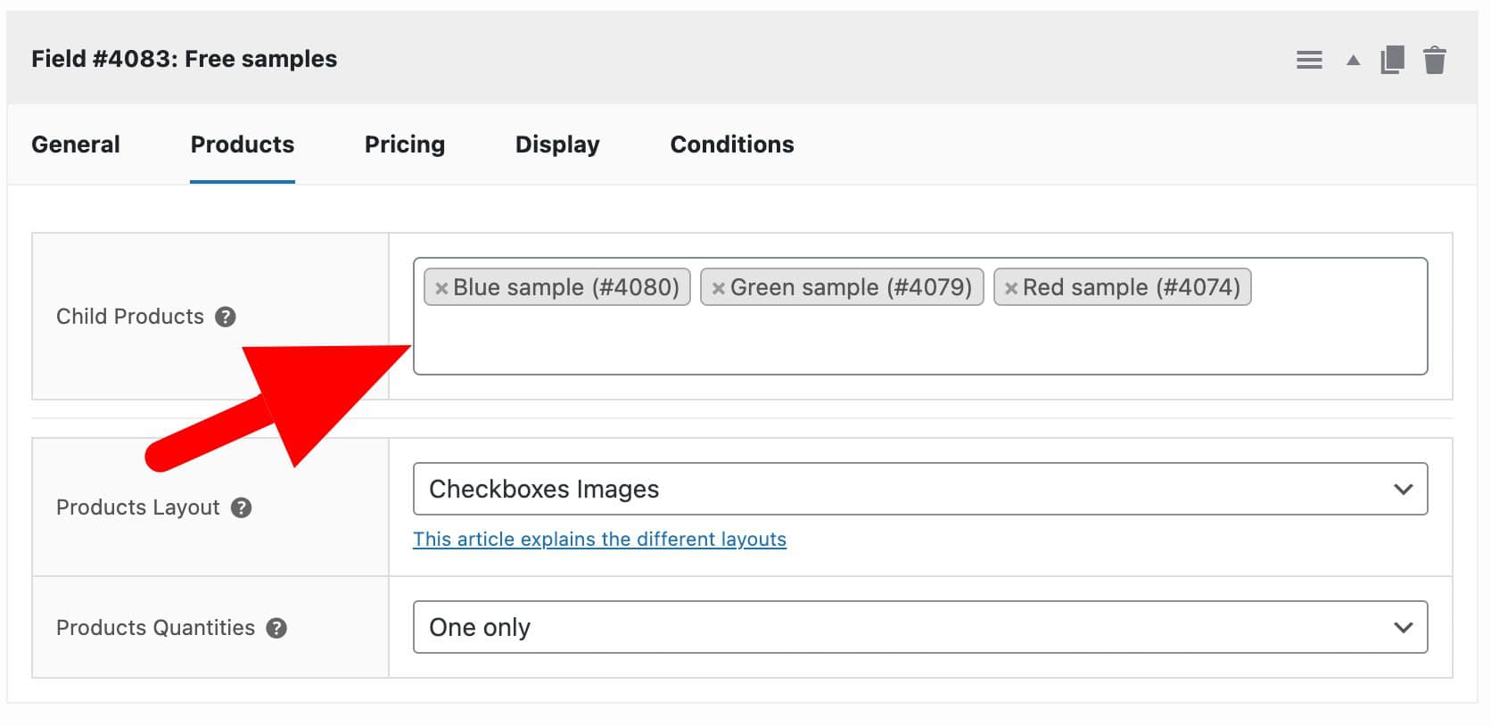 WooCommerce free samples child products