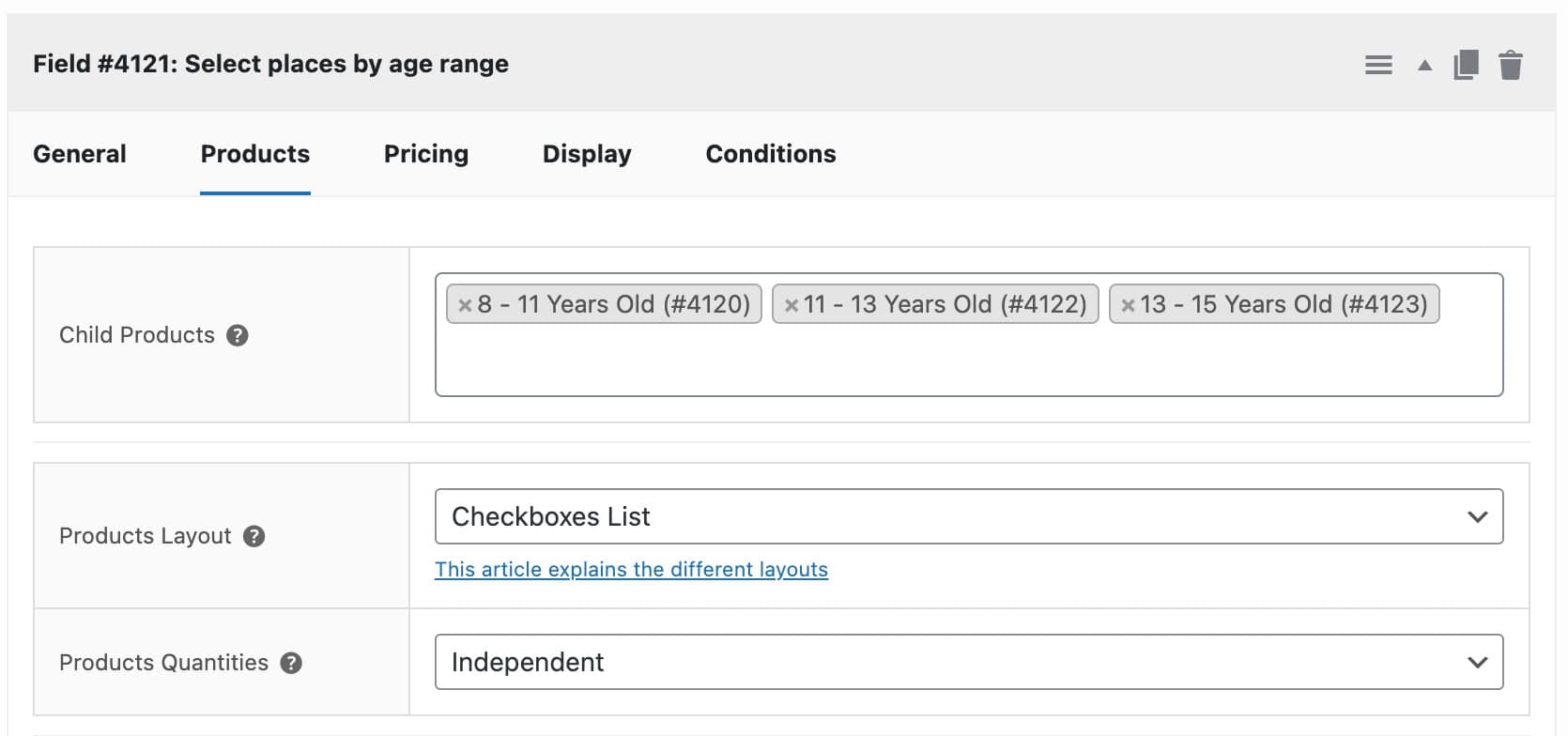 Child products setting