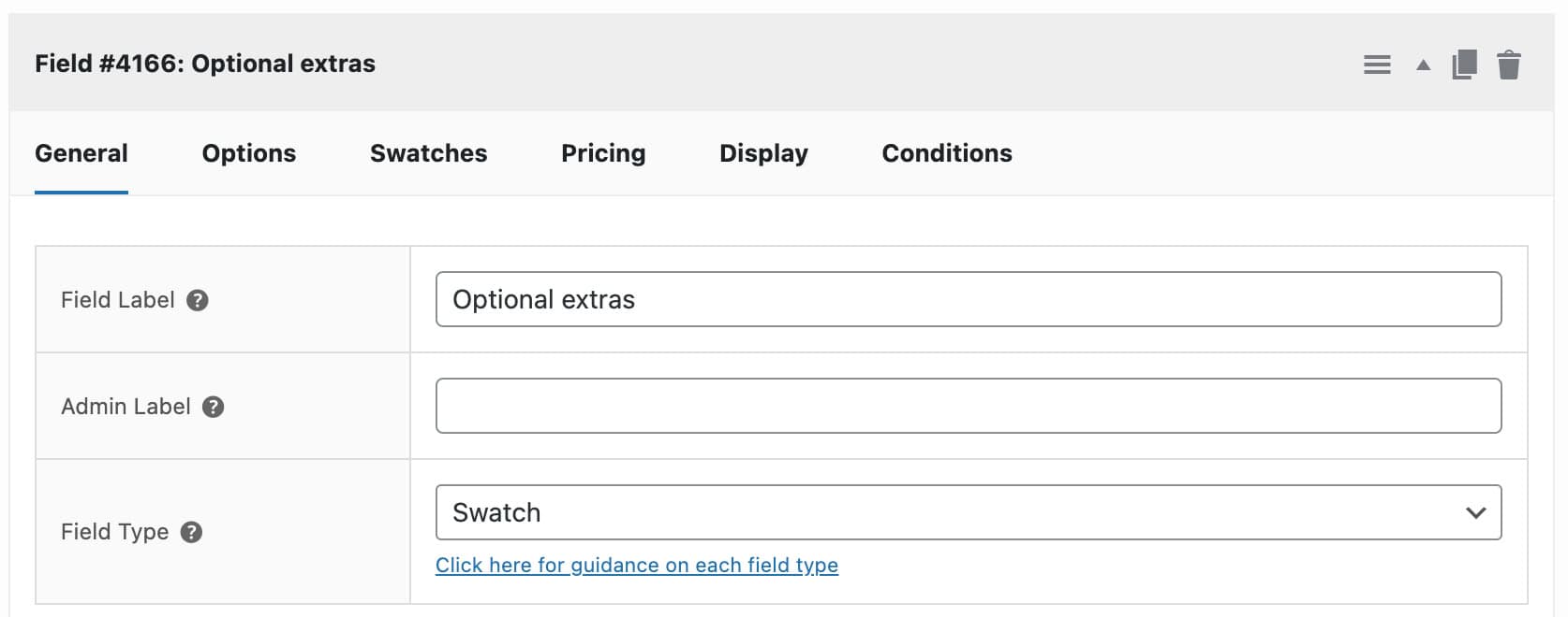 Swatch field settings