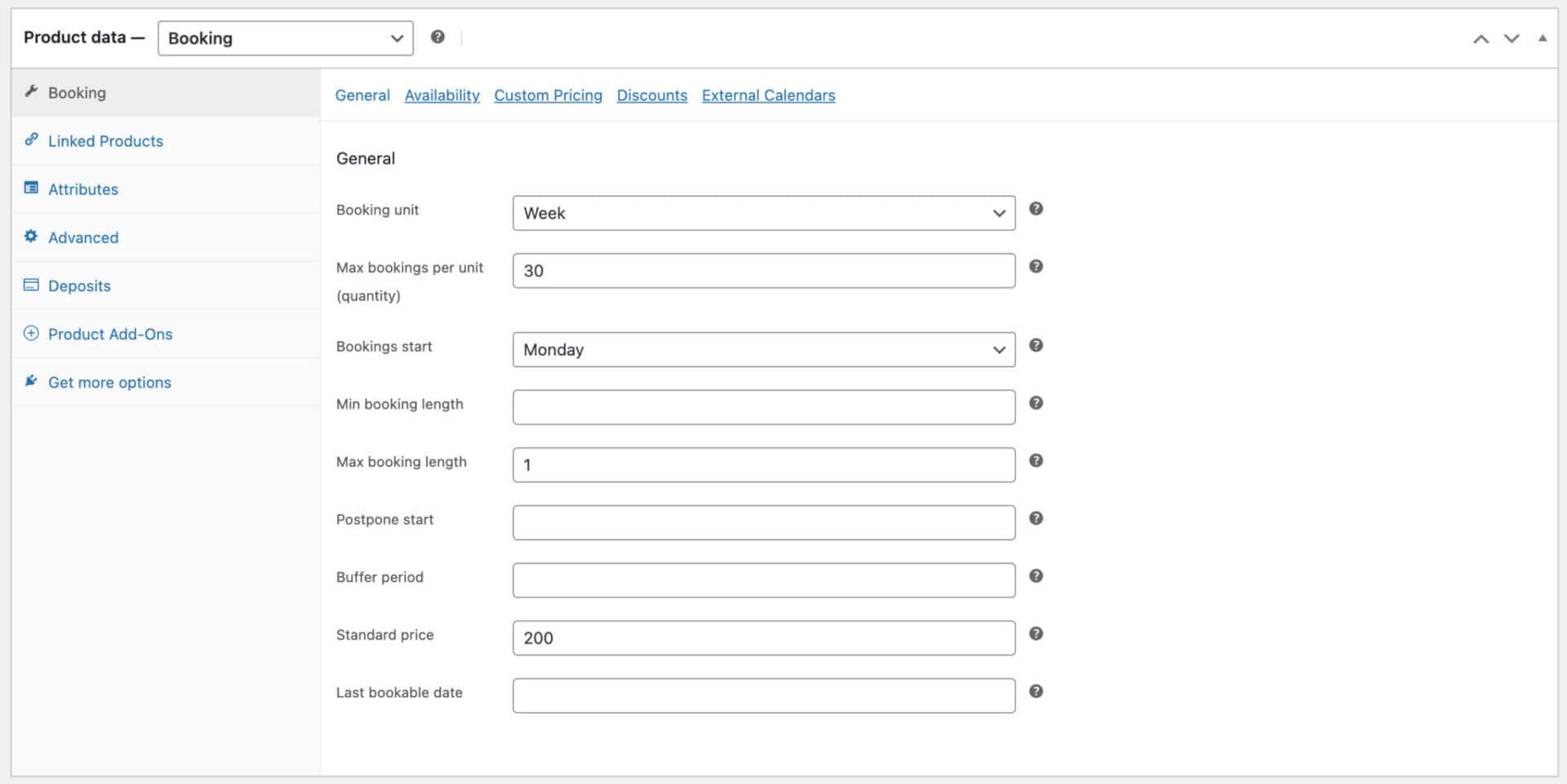 WooCommerce bookable course product settings