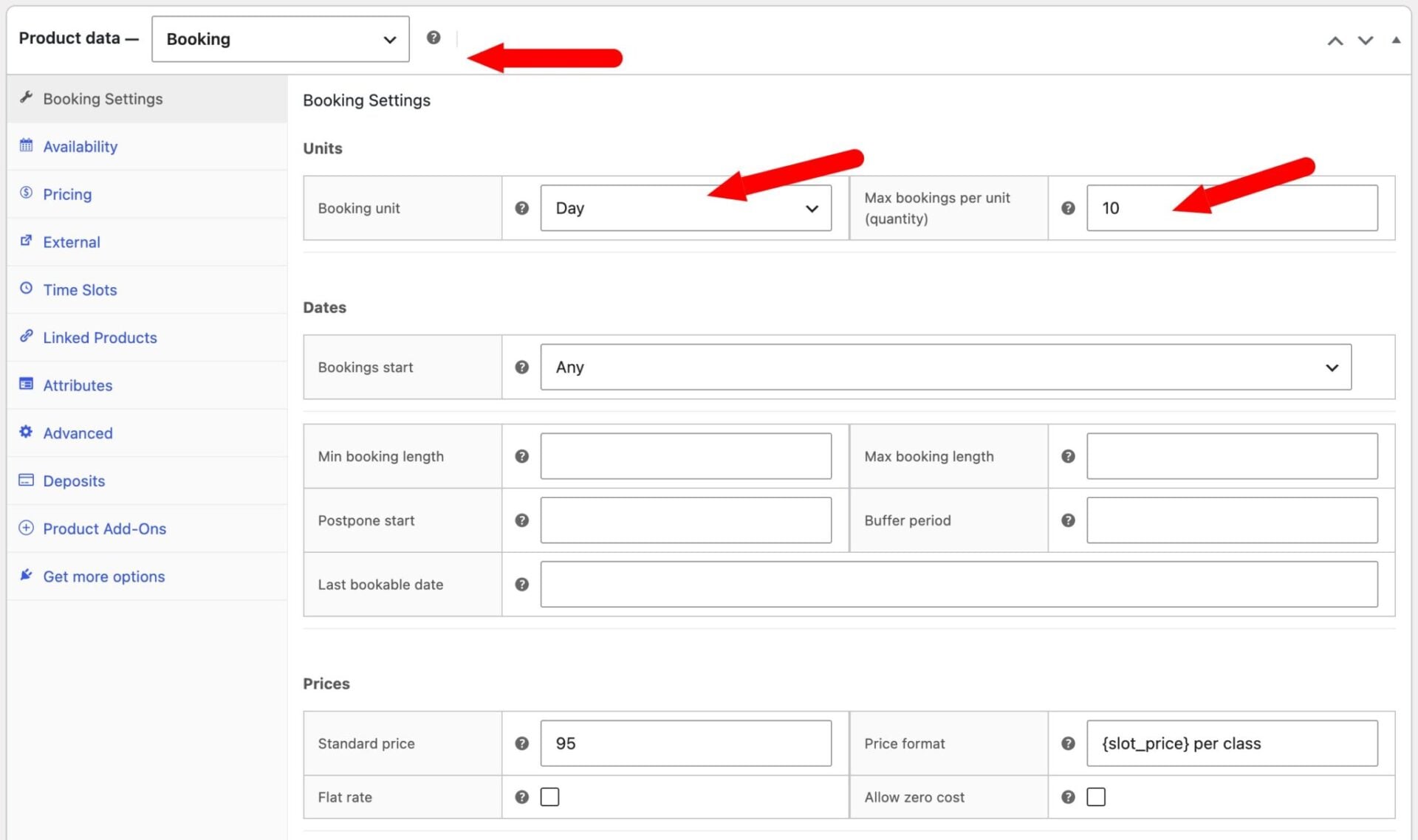 Settings for WooCommerce bookable product