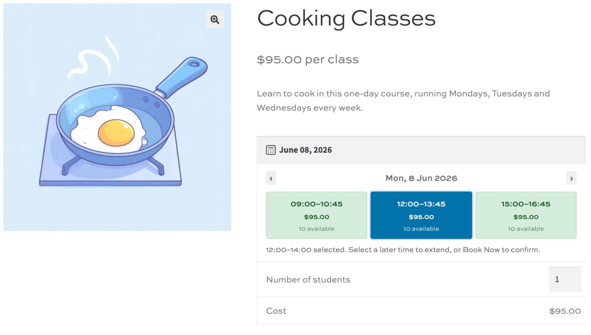 Bookable cooking class product in WooCommerce