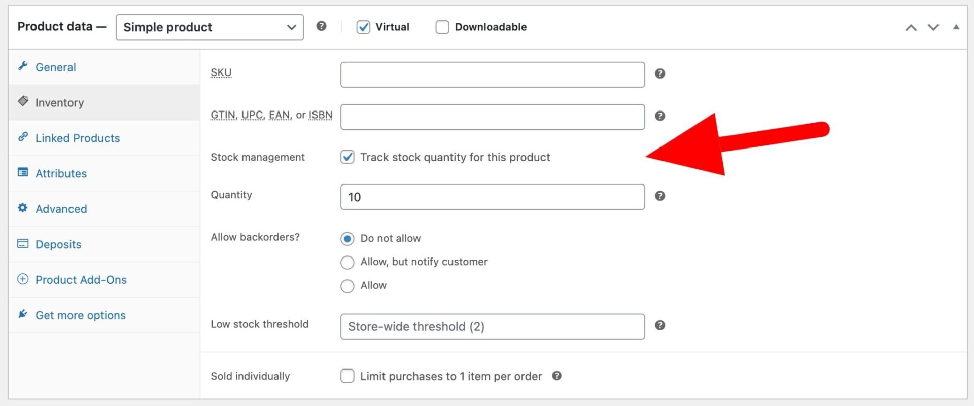 Setting inventory levels for simple course product in WooCommerce