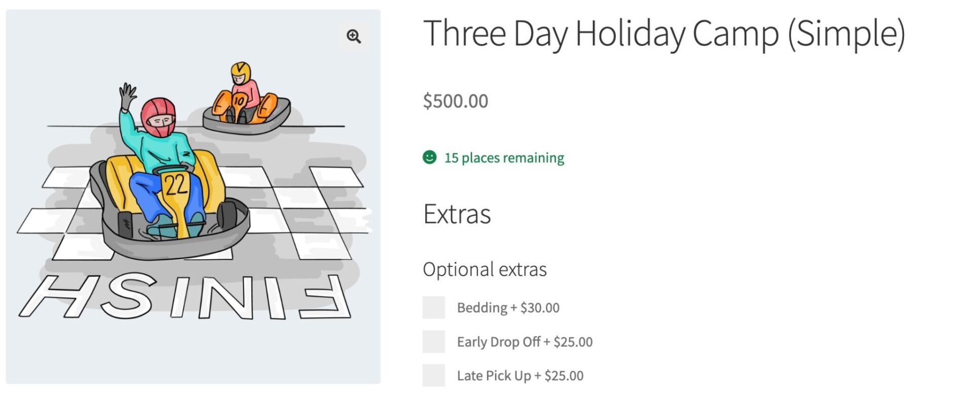 Product showing places remaining and optional extras