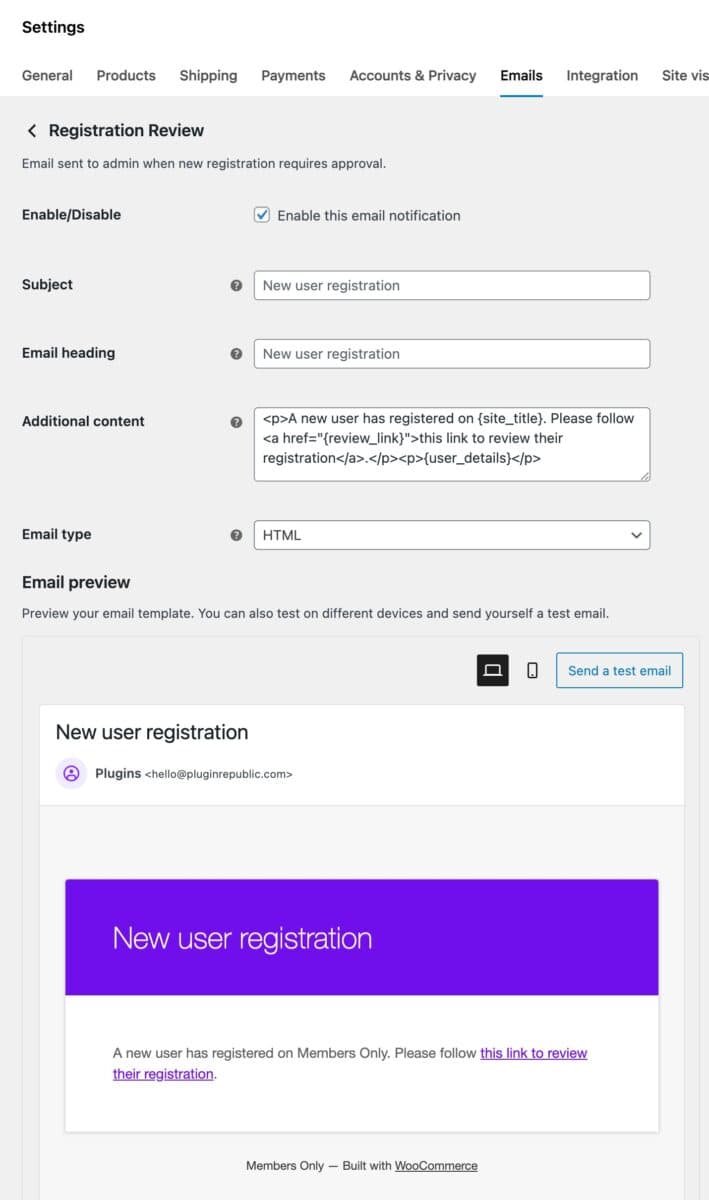 WooCommerce Members Only configure email