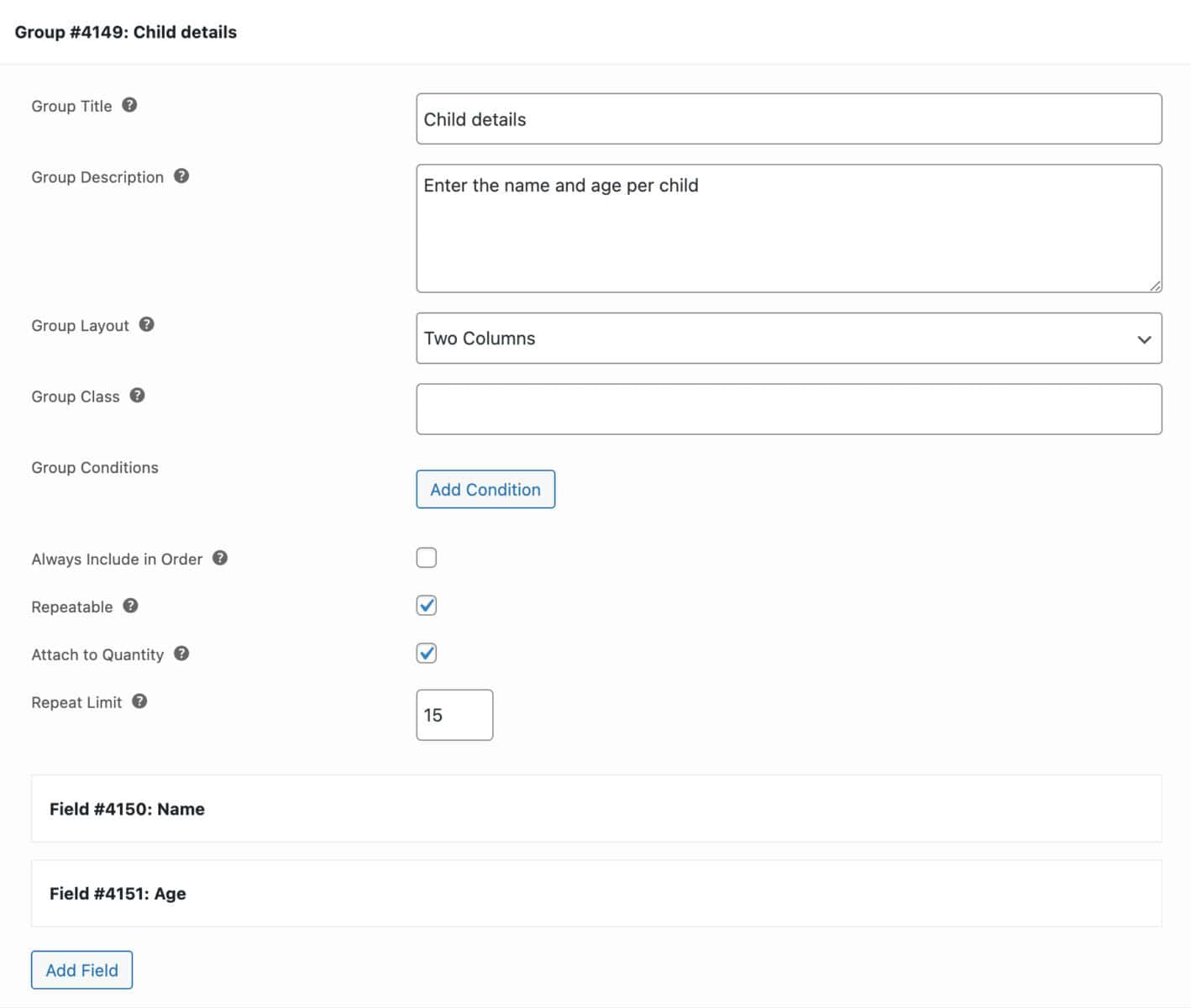 Repeatable group settings