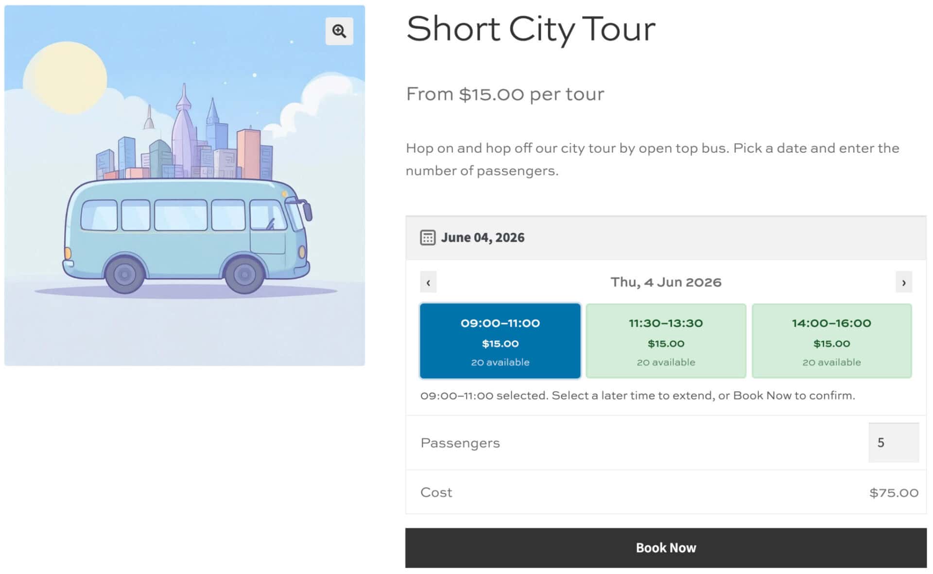 Short city tour bookable product in WooCommerce