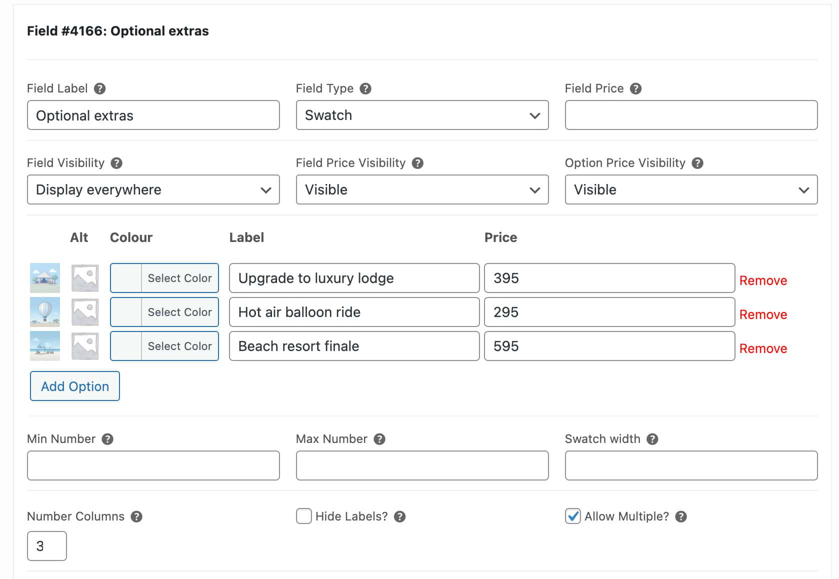 Swatch field settings