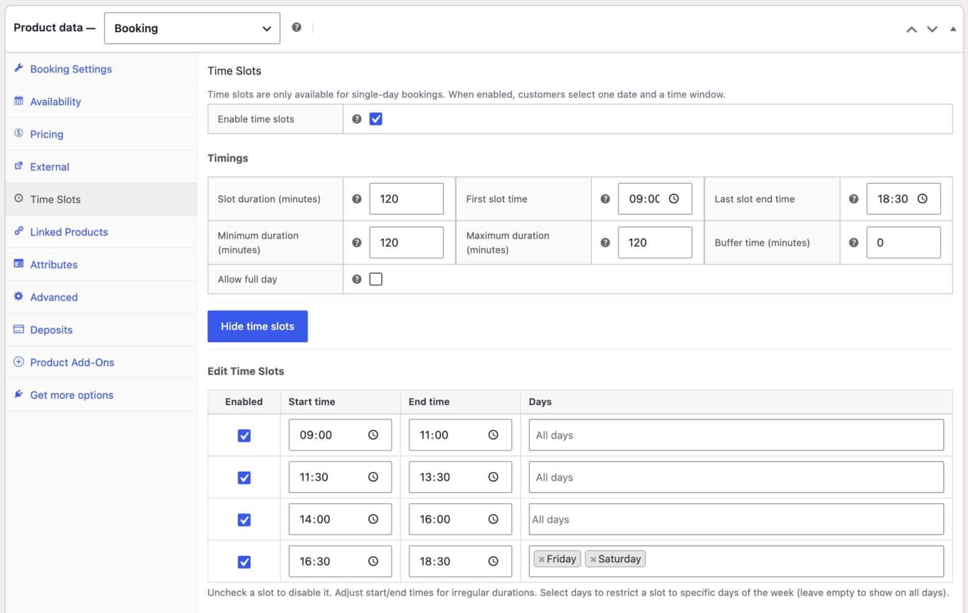 WooCommerce tour bookings irregular time slot settings