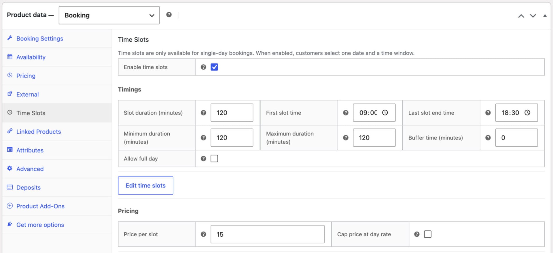 WooCommerce tour bookings time slot settings