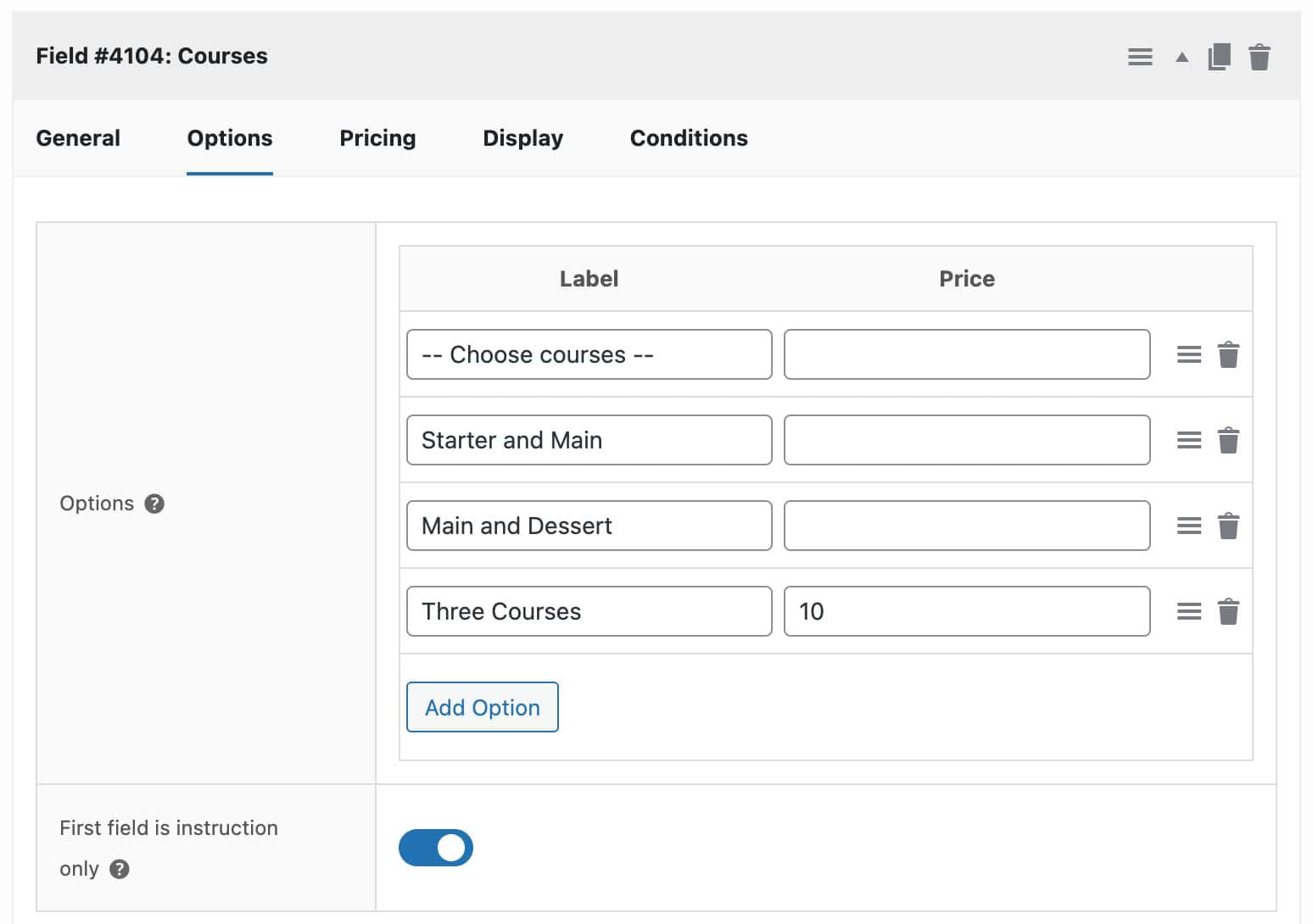 Meal choice options field for starters/entrees