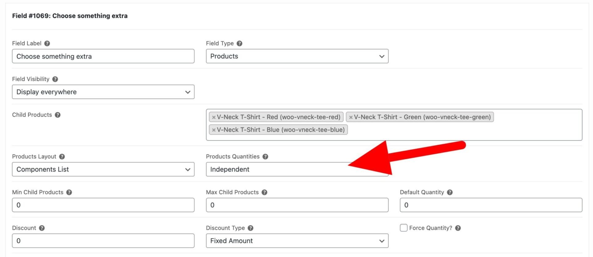 Child product quantity setting