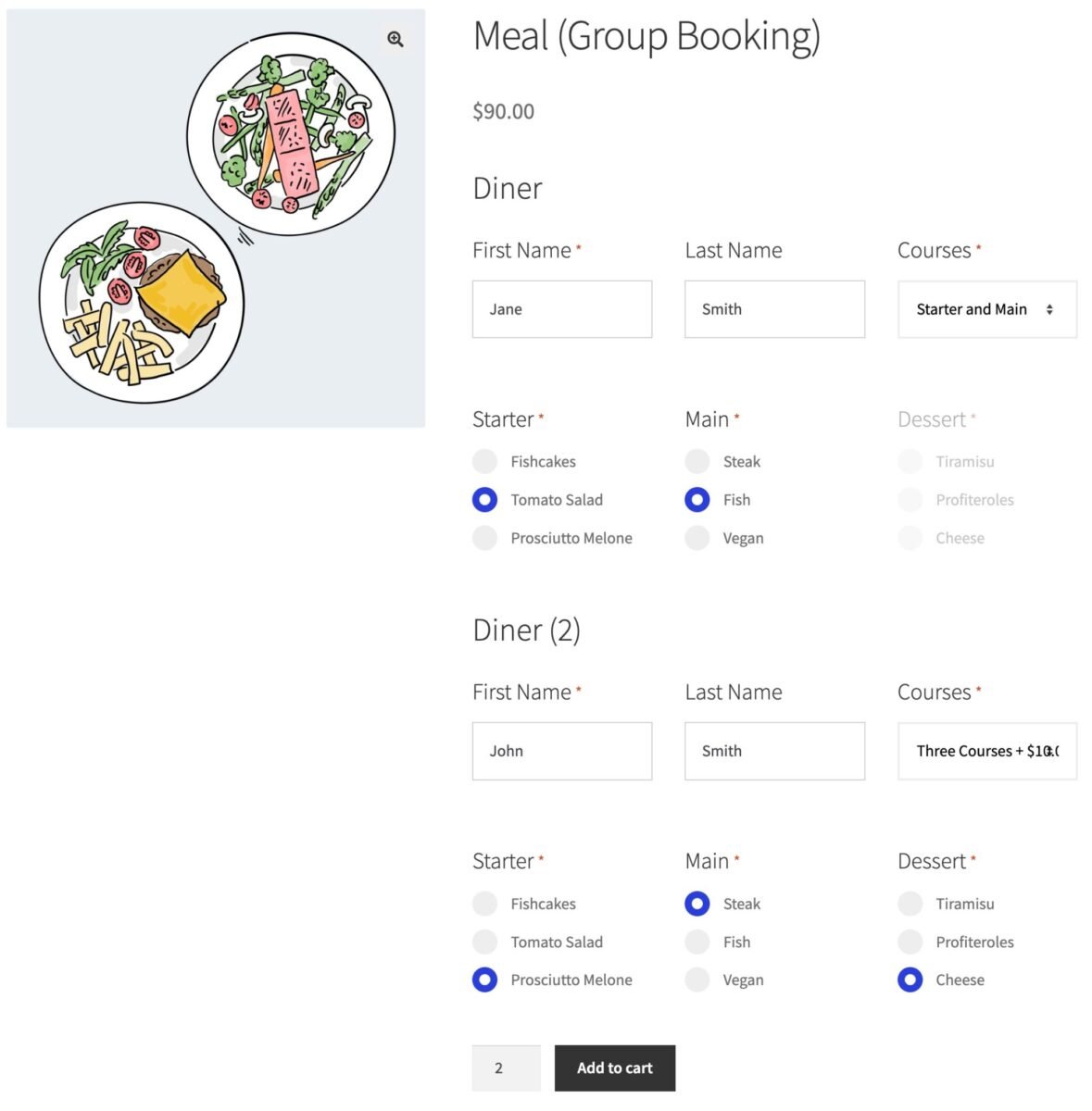 WooCommerce group meal booking product
