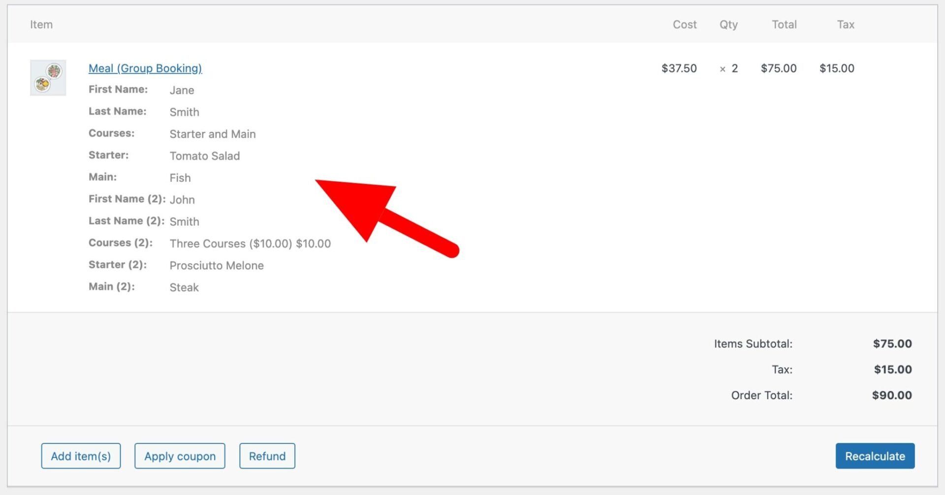Group meal booking metadata in order page