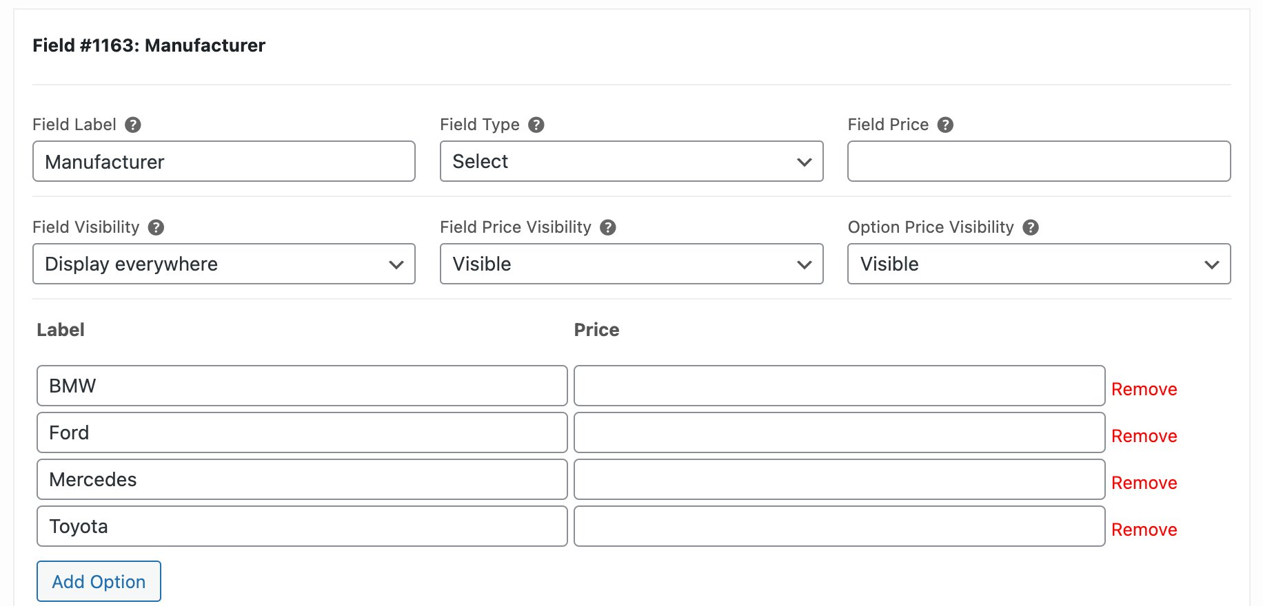 Manufacturers field setting