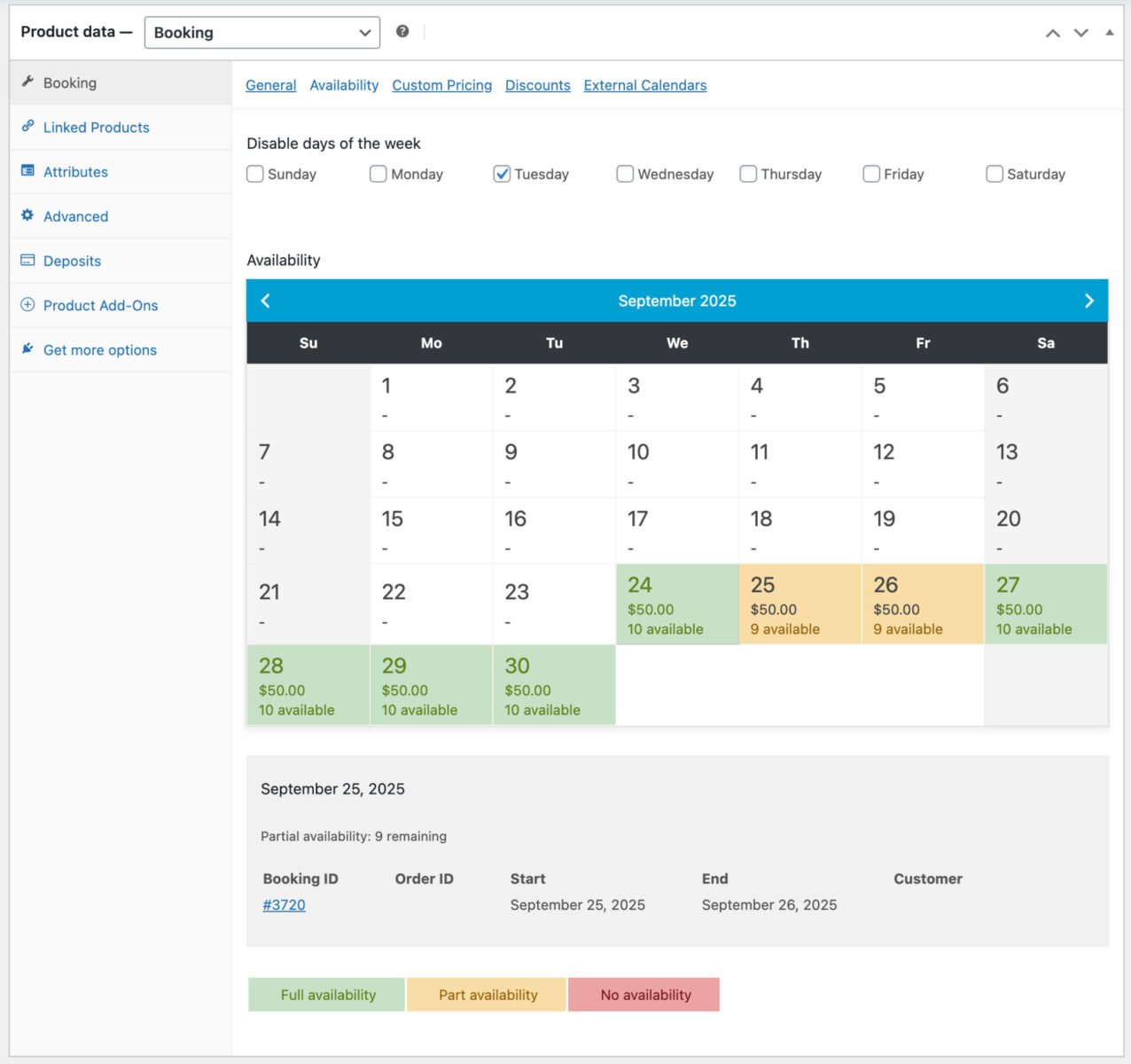Availability calendar for individual bike rentals