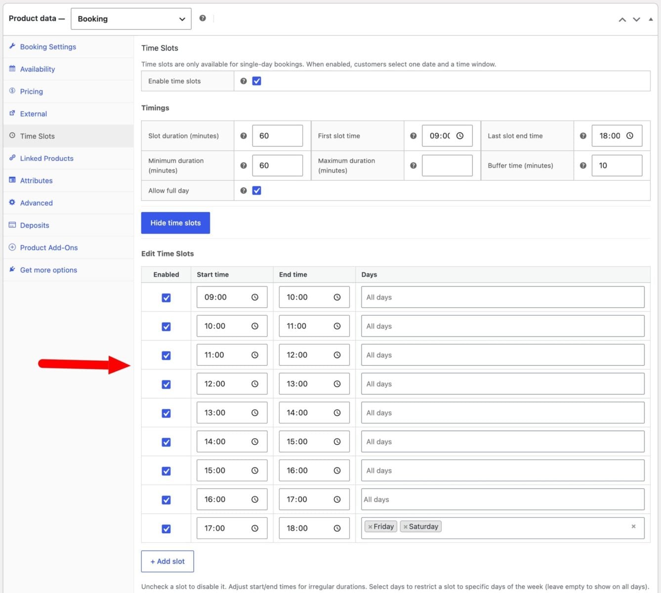 Customized time slot settings
