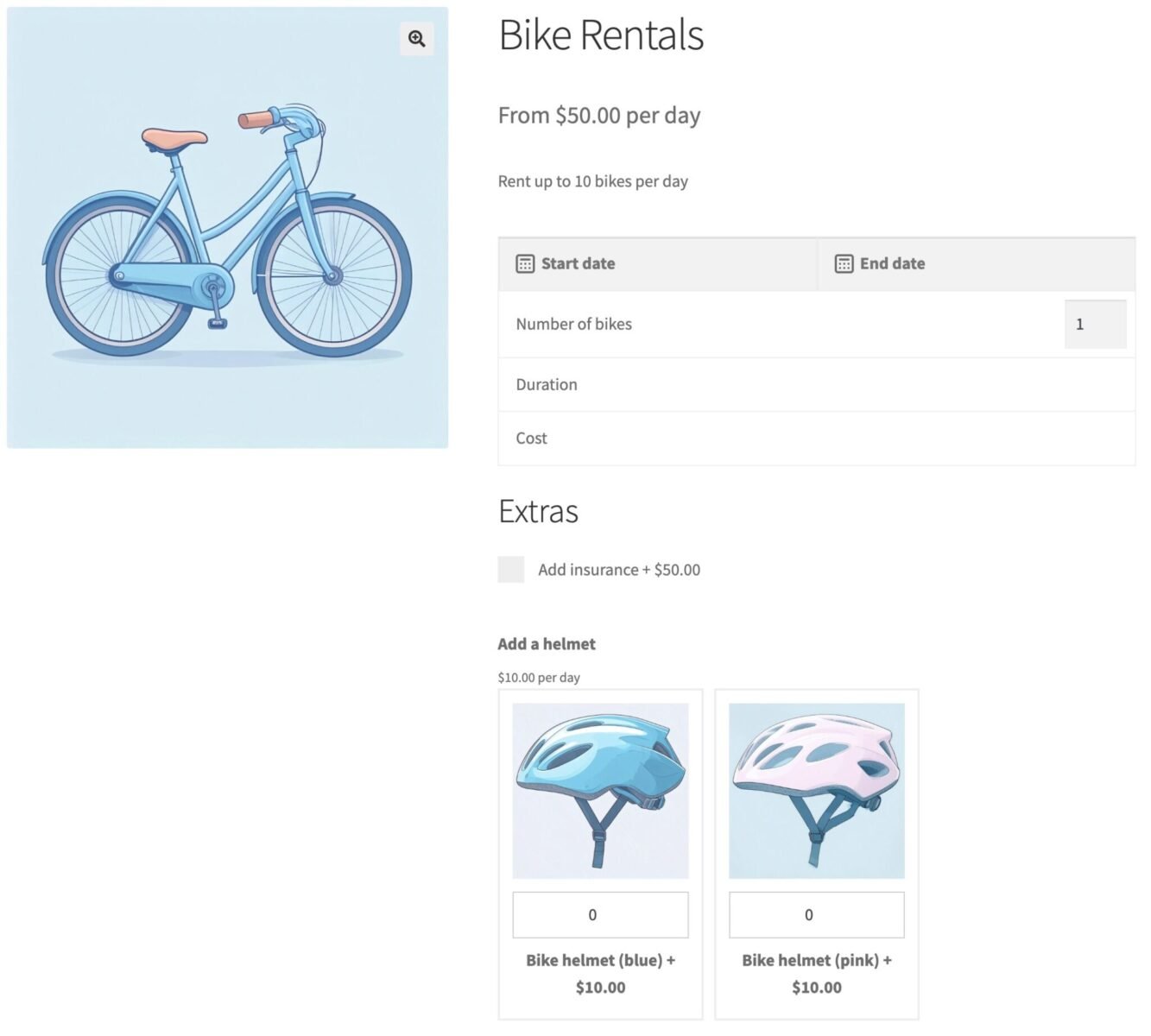 WooCommerce bike rental product with extra options