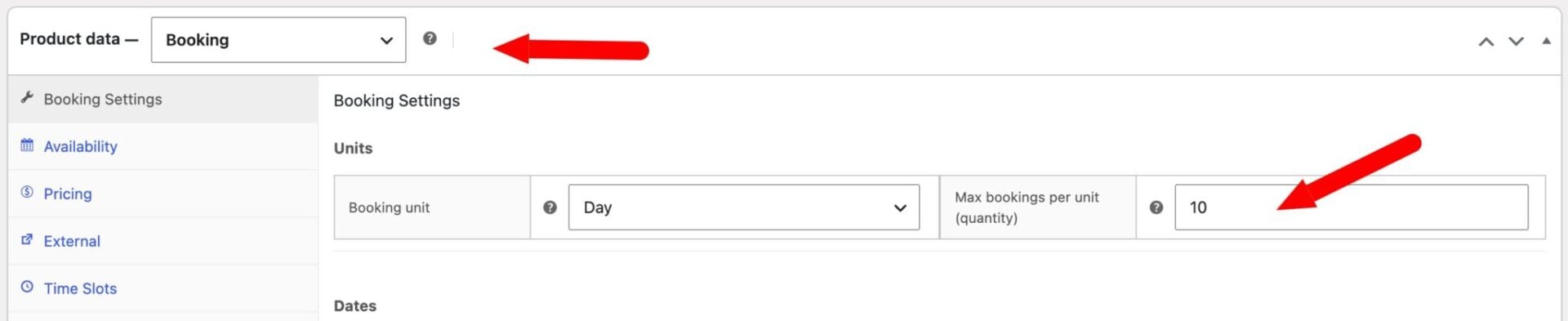 Product settings for bike rental product in WooCommerce