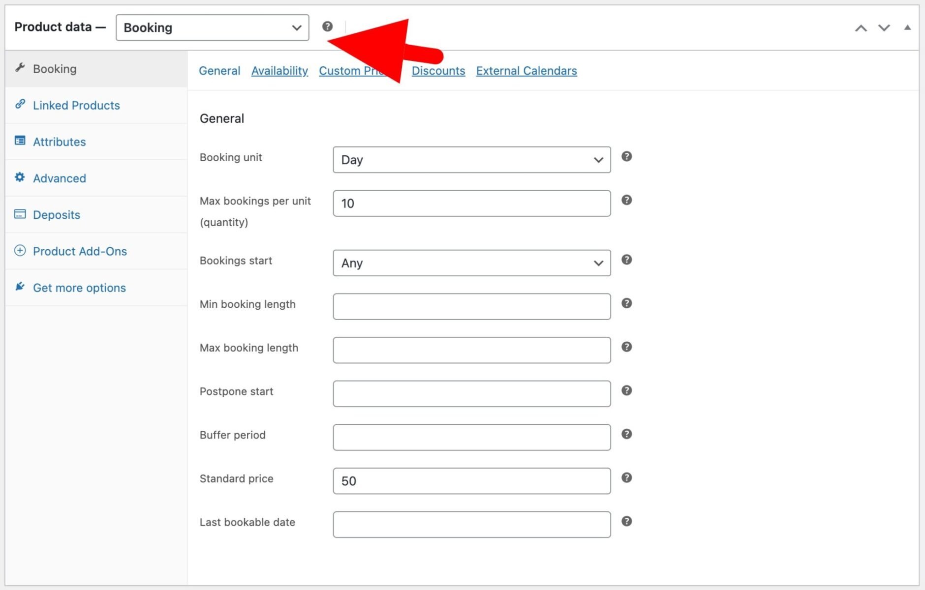 Bookable product settings