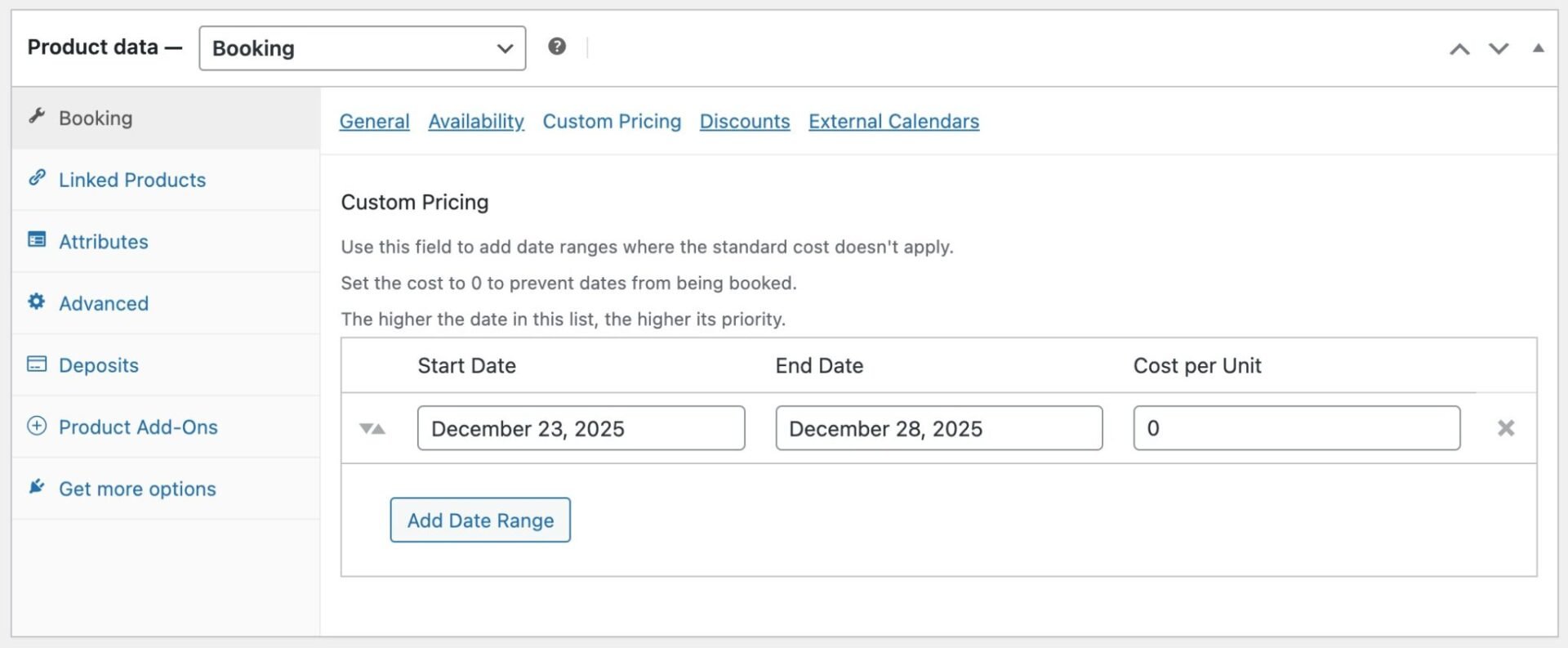 Blocked date ranges in WooCommerce Bookings plugin