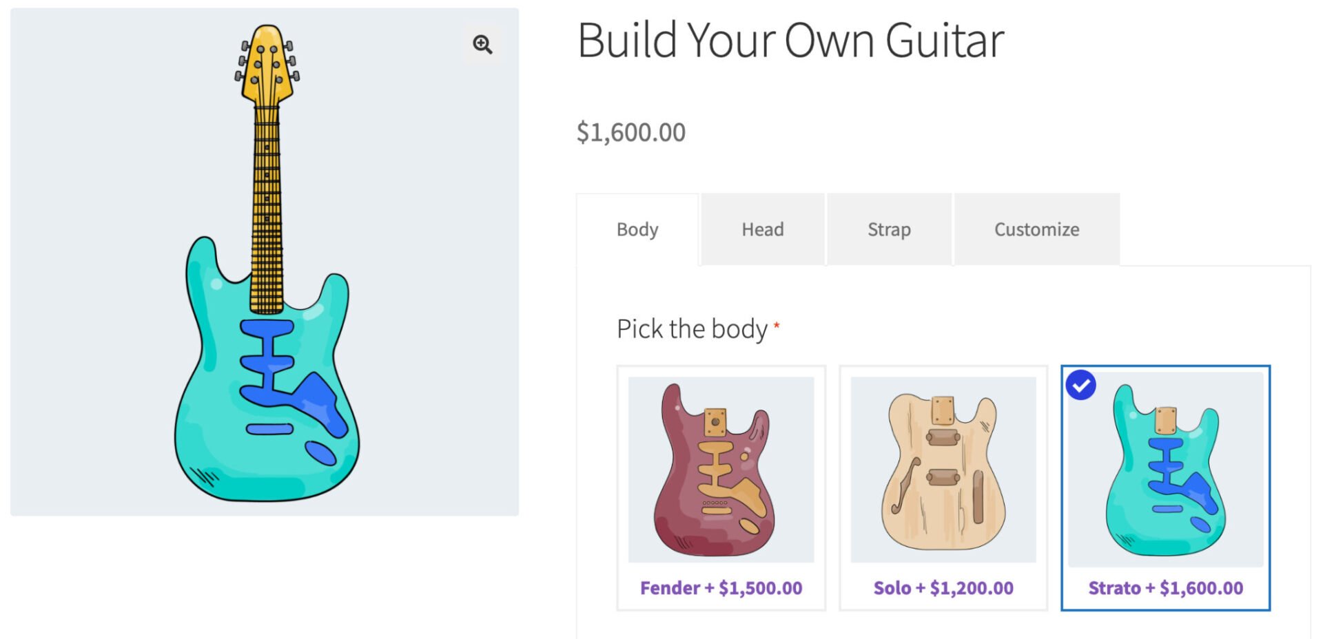 WooCommerce build your own guitar product