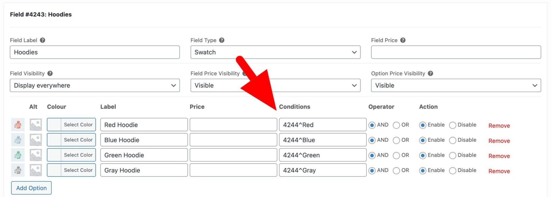 Setting a condition for options in WooCommerce Product Add-Ons Ultimate